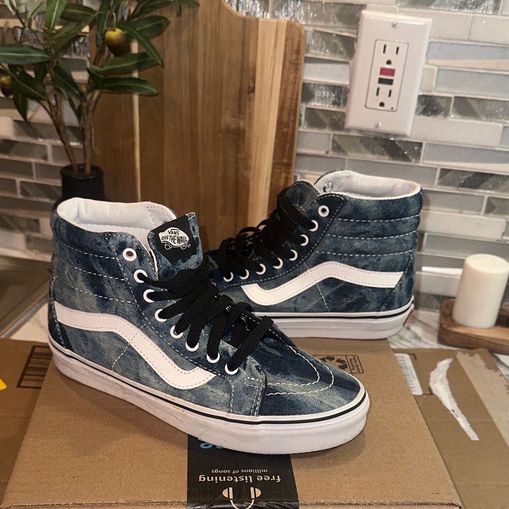 Vans High-Top Sneakers in Distressed Blue Denim with White Stripe